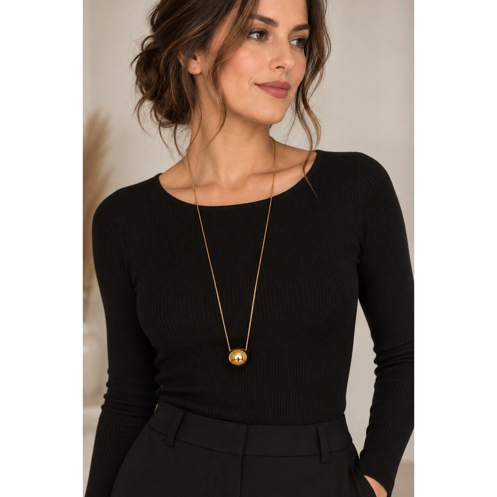 Liz Claiborne Gold Tone Ball Pendant Long Chain Necklace Minimalist Quiet Luxury